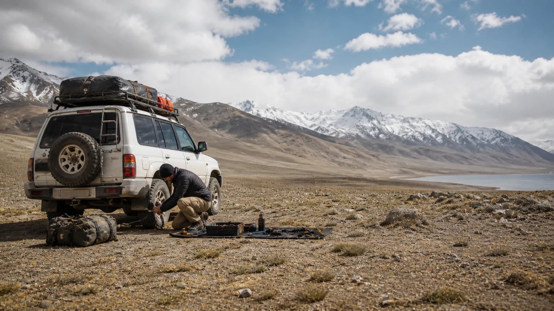 旅人在高原環境檢查 Toyota Land Cruiser 輪胎與遠征裝備的概念視覺