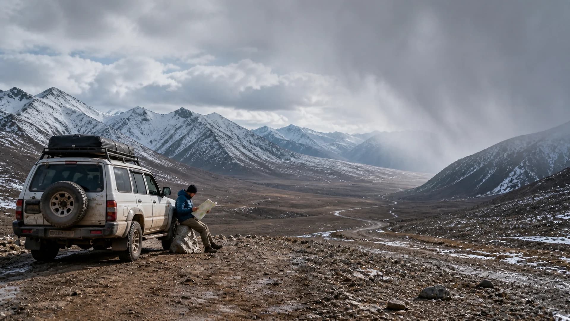 旅人在高原山口旁閱讀地圖並觀察天候變化的概念視覺