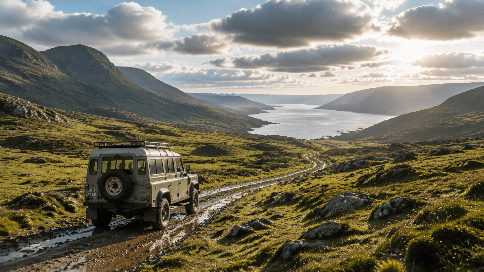 雨後的北大西洋高地,一部 Land Rover Defender 沿著泥土道路穿過綠色山坡