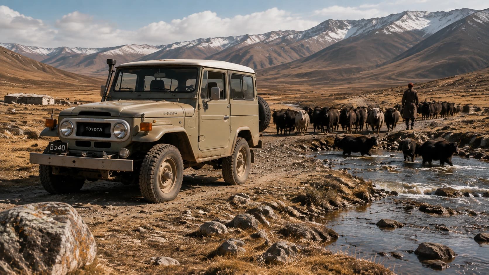 Toyota Land Cruiser 40 Series 停在高原牧區與溪流旁