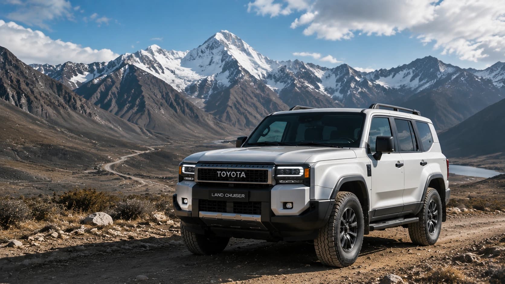 白色 Toyota Land Cruiser 250 Series 停在雪山與高原道路前